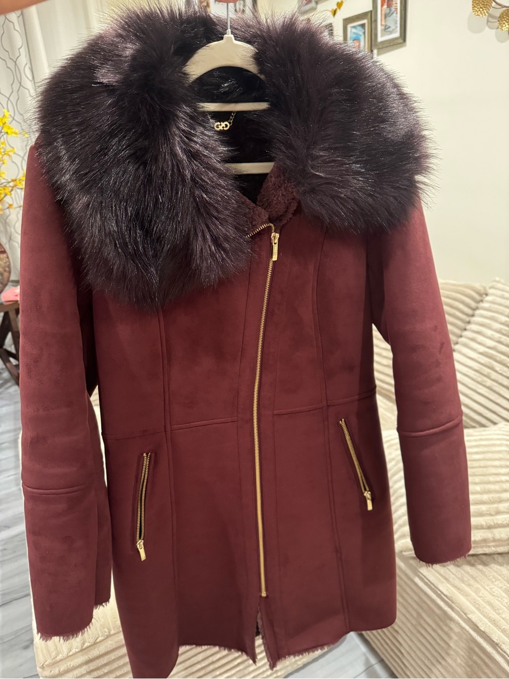 Cole Haan Burgundy Faux-Suede Trench Coat with Dark Fur Collar
